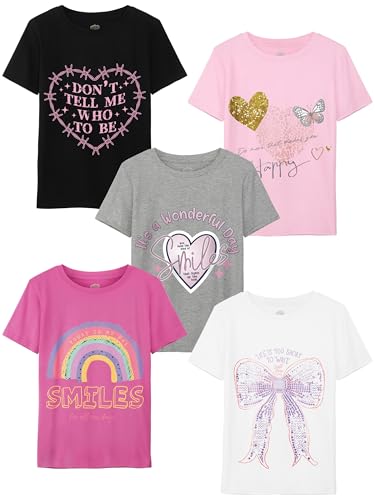 NUVORO 5 Pack Girls Shirts Cotton Graphic Shirts for Girls Short Sleeve T-Shirts Kids Summer Top Tshirts Clothes Color A, M