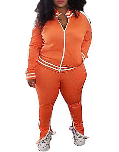 Hou Long Sweatshirts for Women - Womens Plus Size Two Piece Tracksuit Outfits Club Outfits Sweatsuit Stripe Patchwork Long Sleeve Skinny Pants Split with Zipper Wine Red, 3X-Large
