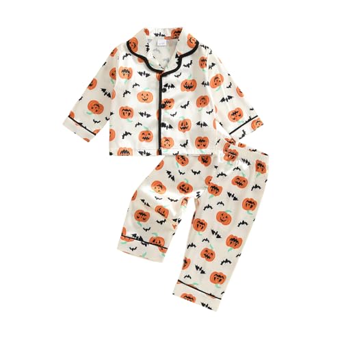 fyclemt Halloween Pajamas Baby Boy Girl Silk Pajamas Floral Pumpkin Ghost Long Sleeve Button Up Shirt Top Pants Pjs Sleepwear