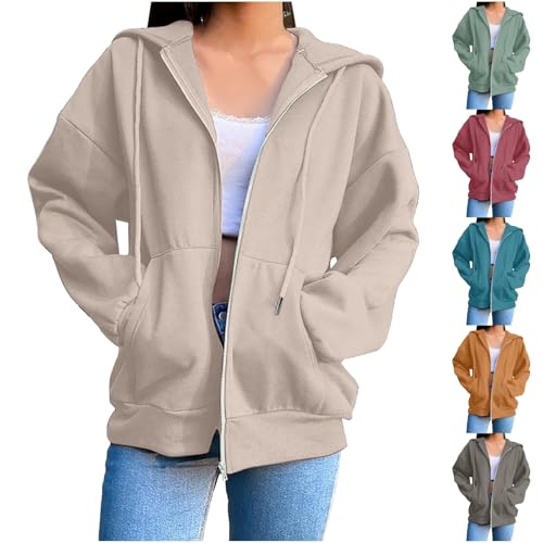 Sudadera con capucha ligera, chaqueta deportiva para mujer con cremallera con capucha y cremallera, con bolsillo, abrigos de manga larga, ropa de gran tamaño Loungewear Color sólido chándal, caqui, L