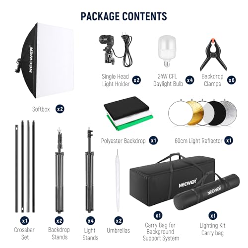 NEEWER Photography Lighting Kit with Backdrops,8.5x10ft Backdrop Stands,5700K 800W Equivalent 24W LED Umbrella Softbox Continuous Lighting,60cm Light Reflector, Photo Studio Equipment for Video Shoot