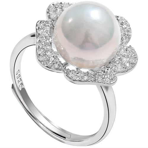 Bague argent femme perle 11-12mm ajustable style cocktail fleur