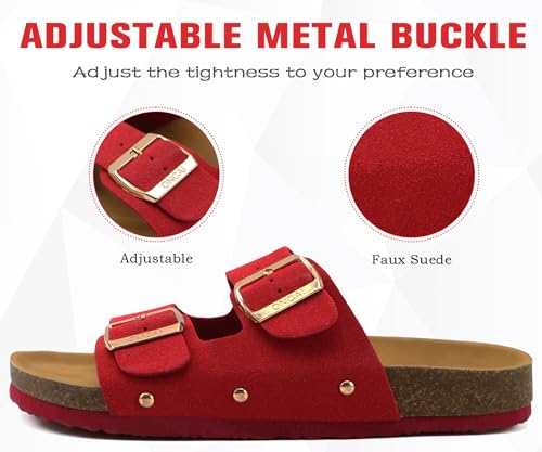 Image of ONCAI Womens Flat Slide Sandals with Arch Support 2 Strap Adjustable Buckle Slip on Slides Shoes Non Slip Rubber Sole