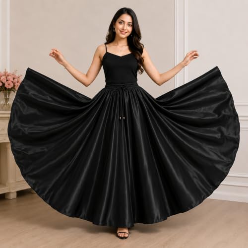 Image of Tishani Satin Full Circle Umbrella Cut Floor Length Skirt with Free Size