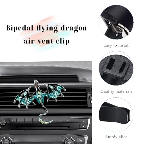 Image of 2PCS Bling Wyvern Car Air Freshener Vent Clips, Alloy Enamel Dragon Auto Outlet Clips with Fragrance Tablets, Refillable Cute Flying Dragon Crystal Vent Clip Aroma Diffuser (Blue)