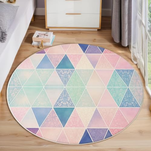 Tapis de zone ronde rose 180cm à motif mandala géométrique lavable - 6