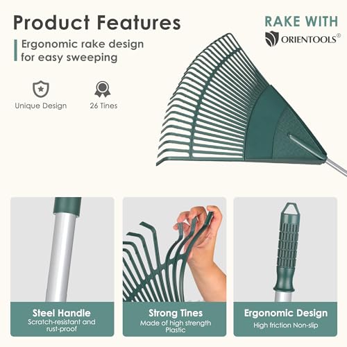 ORIENTOOLS Tuinbladhark, verstelbare lichtgewicht stalen handgreep, comfortabele handgreep, plastic kop, polystruikhark, 26 tinten, 110 tot 168 cm (zilveren handvat) - Afbeelding 4