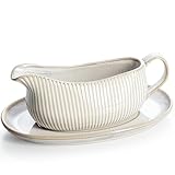 Getstar Gravy Boat with Saucer, Cranberry Sauce Dish Thanksgiving, Ceramic Gravy Dish Bowl, Microwave & Dishwasher Safe (Embossed Stripes)