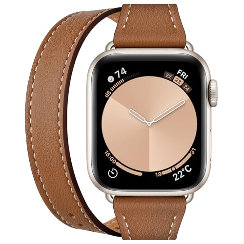 Bestig Compatible with Apple Watch Band 38mm 40mm 41mm or 42/44/45/49mm for Women Men, Genuine Leather Double Tour Designed Slim Wrap Wristband Strap for iWatch Ultra SE Series 9 8 7 6 5 4 3 2 1
