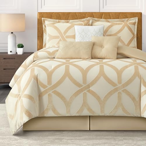 Image of LANCO MODERN LIFESTYLE 7 Piece Gold Comforter Set, California King, Jacquard Geometric Pattern, Bed in a Bag, Cut Velvet Luxury Bedding All Seasons with Pillow Shams, Decorative Pillows and Bed Skirt