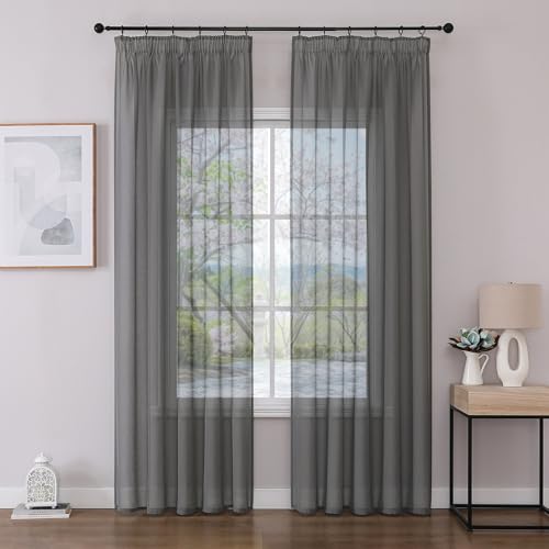 Joydeco 2er Set H245 x B140 cm Grau Transparent Vorhang Schiene Gardinen mit Kräuselband Durchlässig Curtains Lang Vorhänge für… – Ansicht 1