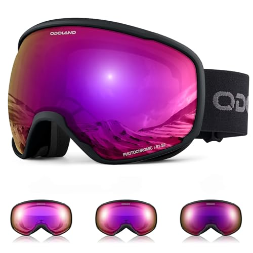 Odoland Photochromic Ski Goggles for Sunny and Cloudy Days, Anti-Fog OTG UV Protection Snowboard Goggles for Men Women Youth Violet S1 - S2 (Vlt 59%-19%)