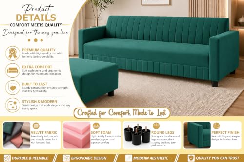 Image of 3 Seater Velvet Sofa with Ottoman | Modern Upholstered Couch | Comfortable Living Room Sofa | Durable & Stylish Seating for Home, Office & Guest Room - Green Color