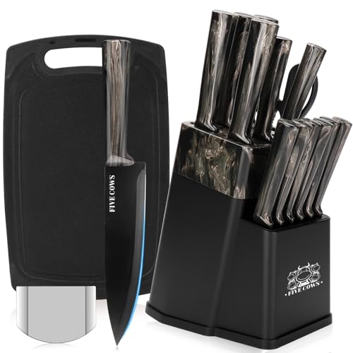 16-Piece Kitchen Knife Block Set with Cutting Board - German Stainless Steel Knives, Built-In Sharpener, Dishwasher Safe, Anti-Slip Handle - All-in-One Cutlery Set for Home/Kitchen (Black)