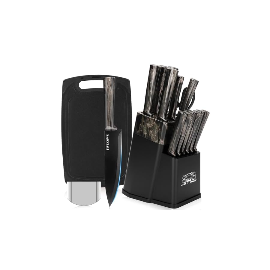 16-Piece-Kitchen-Knife-Block-Set-with-Cutting-Board-German-Stainless-Steel-Knives-Built-In-Sharpener-Dishwasher-Safe-Anti-Slip-Handle-All-in-One-Cutlery-Set-for-HomeKitchen-Black 16-Piece Kitchen Knife Block Set with Cutting Board - German Stainless Steel Knives, Built-In Sharpener, Dishwasher Safe, Anti-Slip Handle - All-in-One Cutlery Set for Home/Kitchen (Black)