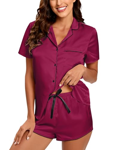 Image of Silk Pajamas for Women Satin Womens PJ Set 2 Piece Short Lounge Set Summer Sleepwear Notch Collar Button-Down Pjs
