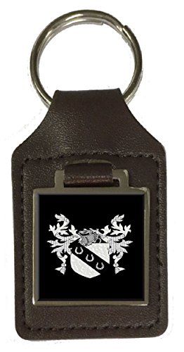Porte-clés en cuir Farrow avec blason de famille marron gravé à la main