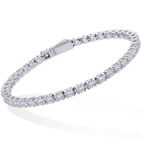 Moissanite Tennis Bracelets for Women, 925 Sterling Silver 18K White Gold Plated Bracelet Jewelry, 3MM Dainty Wedding Bracelets for Women Trendy Birthday Anniversary (3mm 6.3in)