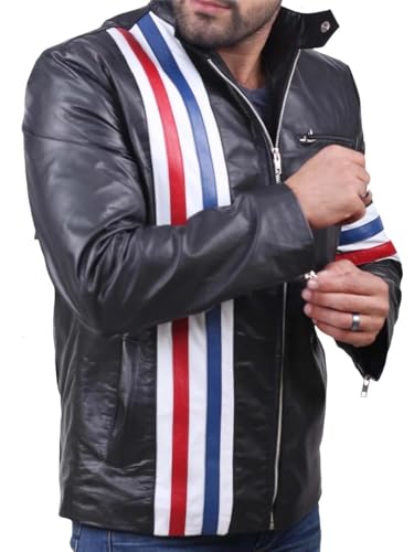 Image of Men's Leather Jacket Cafe Racer Biker Style Retro Stripes Jacket, Motorcycle Racing Leather Jacket Men