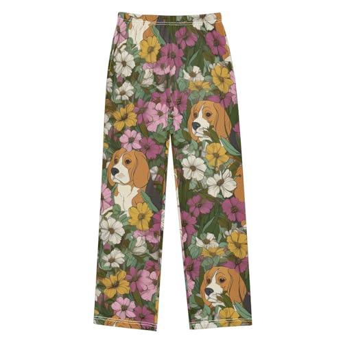 ZZXXB Beagle Flowers Boys Long Pants Soft Trousers Elastic Waist Kids Lounge Bottoms with Pockets S-XL