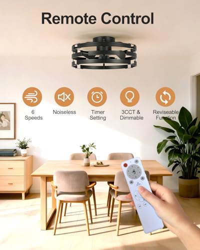Image of Roomratv Fandelier Ceiling Fan with Light, 20 inch Flush Mount Metal Caged Enclosed Blades with Remote, Low Profile Farmhouse Fan Light for Bedroom Kitchen Living Room Office - Black
