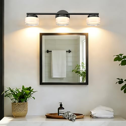 Image of Modern Black 3-Light LED Vanity Light with Acrylic Shade | 3000K Warm White Vanity Lights, Wall Sconces for Bathroom Bedroom Kitchen Living Room