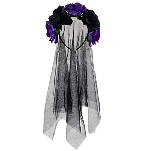 eBoutik – Halloween 2023 Día de los Muertos – Novia gótica con velo – Velo de malla para mujer con flores – Tocado de disfraz (negro y morado)