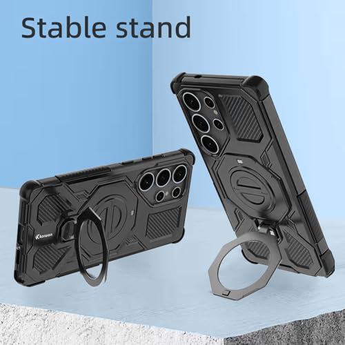 Image of KARWAN Tough Shockproof Armor Back Case Cover Compatible with Samsung Galaxy S25 Ultra with 360 Degree Rotation Magnetic Attraction Ring Holder, Heavy Duty Cover with MagEaze Wireless Charging (Black)