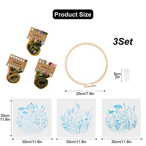 Lukinbox 3 Sets Embroidery Kit For Beginners, Fabric Cross Stitch Kits For Adults, Diy Embroidery Starter Kits With Floral Flower Patterns, Embroidery Hoops, Clothes, Threads And Needles #TOP1