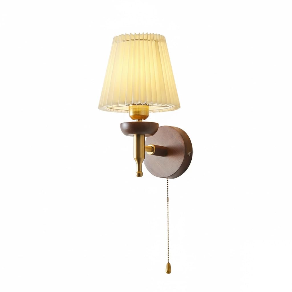 Aplique de pared nórdico con pantalla de tela plisada crema y brazo de madera de caucho portalámparas E27