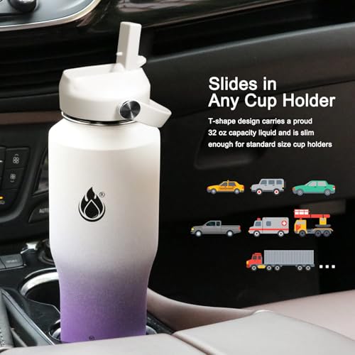 Image of SENDESTAR 32oz Water Bottle Wide Mouth Stainless Steel Vacuum Insulated Double Wall with 2 Straw Lids Fit in Any Car Cup Holder TXIN-32-WV-1