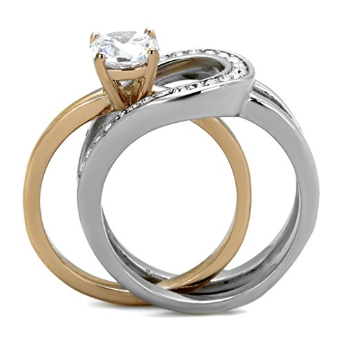 Marimor Jewelry 1 Carat Round Cut Two Toned Stainless Steel 2 Piece Wedding Ring Set Women's Size 5-103