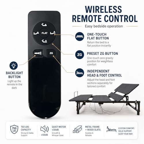 Image of Adjustable Queen Bed Frame with Head and Foot Incline Wireless Remote Ports USB, Under-Bed Nightlights, Zero Gravity Quiet Motor (Light Gray)