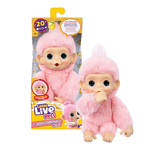 Little Live Pets Baby Monkey Minis Luna Lemon. Interactive Pet Toy. 20+ Sounds & Reactions. Soft Pink Fur. 7.4 Tall. Feed Nurture. React. Grippy Hands & Feet. Collect All 3