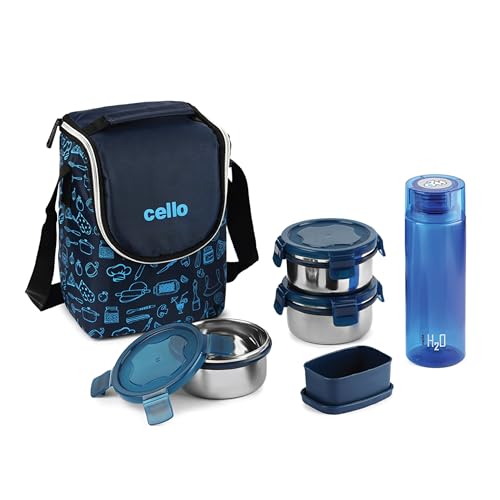 Image of CELLO Complete Meal Lunch Box Set with Jacket for Office Use Blue | 3 x 300ml Steel Container, 1 x 130ml Pickle Container, 500ml Water Bottle with Spoon & Fork | Airtight Tiffin Box Set for Daily Use