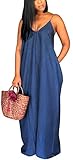Long Maxi Dresses for Women Sexy Navy Denim Beach Summer Dress Casual Spaghetti Strap Sundress with Pockets(X-Large)