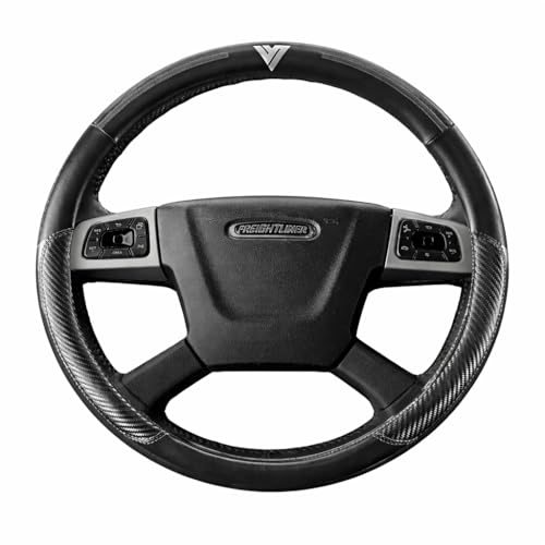 18-Inch Genuine Leather Steering Wheel Cover for Semi Trucks Black with Grey Stripes Universal Fit Heavy-Duty Non-Slip Grip Comfortable Control Easy Installation