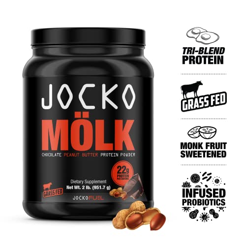 Jocko Mölk Whey Protein Powder (Chocolate Peanut Butter) - Keto, Probiotics, Grass Fed, Digestive Enzymes, Amino Acids, Sugar Free Monk Fruit Blend - Supports Muscle Recovery And Growth - 31 Servings #TOP1