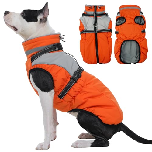 Kuoser Dog Coat, 2 in 1 Dog Jacket with Harness Built in, Winter Waterproof Puppy Puffer Jacket Snowsuit for Small Medium Large Dogs, Cold Weather Reflective Pet Fleece Hunting Vest with Zip