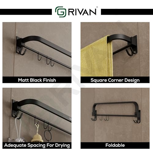 Image of GRIVAN Stainless Steel Towel Rod for Bathroom with Hooks | Foldable Towel Holder Stand with Drill Mount (1, Black, 24 INCH)