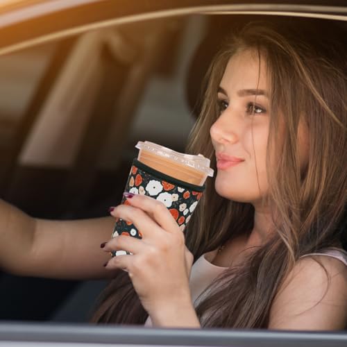 Image of Reusable Insulated Neoprene Iced Coffee Cup Sleeve, Durable Drink Sleeve for Cold Beverages, Beverage Holder for Iced Coffee, Midnight Blooms