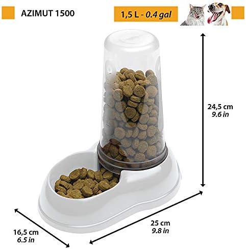 Ferplast Food or Water Dispenser for Dogs and Cats AZIMUT 1500 Pet Dispenser 1, 5 Litres Dry Food Feeder Water, Sturdy Plastic, Transparent, Non-Slip Bottom, 16,5 x 25 x h 24,5 cm White
