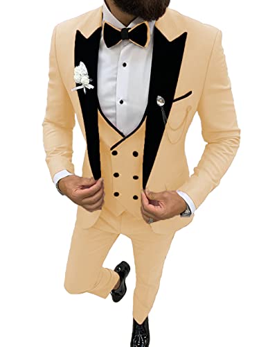 MoranX Men's Suits Casual Slim Fit 3 Piece Peak Lapel Double Breasted Blazer Vest Pants Prom Tuxedos Wedding