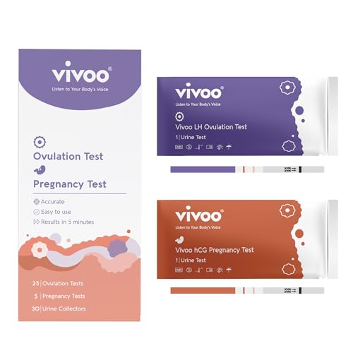 Vivoo Ovulation and Pregnancy Test Kit: Track Your Cycle and Test Results with Vivoo App, Includes 25 Individually Wrapped Ovulation (LH) Tests, 5 Pregnancy (HCG) Tests with 30 Cups