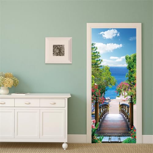 FLFK 3D Paisaje del mar del Puente de Madera Adhesivo Vinilos Puerta Pegatina Pared Murales para Cocina Sala de Baño Decorativos 77X200cm