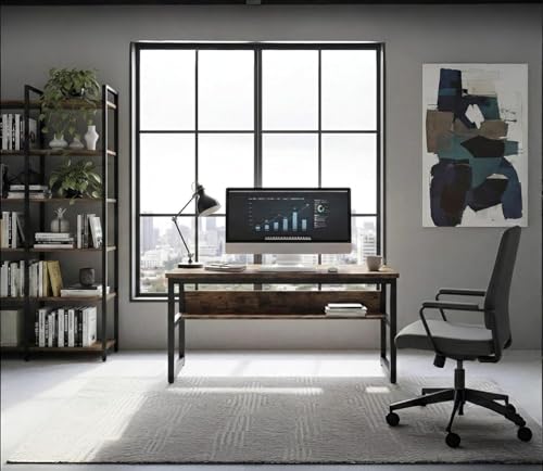 Image of Study Table for Home | with Under-Desk Storage Shelf | Wooden Industrial Computer Table for Home Office & Gaming | Rustic Wood & Black Metal Frame | Rustic Brown | 150x60x75 cm