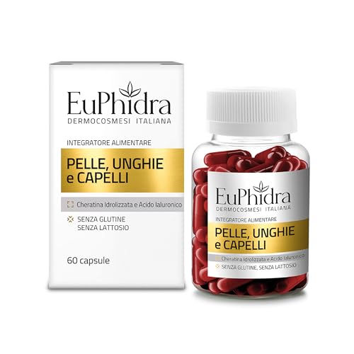 Euphidra, Pelle Unghie Capelli, 60 Capsule, Integratore con Cheratina Idrolizzata, Acido Ialuronico, Vitamine e Minerali per la Salute di Cute, Unghie e Capelli, Peso Netto 31 g