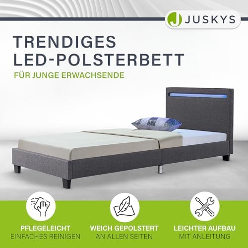 3. Bild von Juskys Polsterbett Verona 90x200 cm grau mit Matratze - Einzelbett + LED-Beleuchtung, Lattenrost & Kopfteil - Bett aus Holzgestell & Stoff-Bezug 90x200 cm