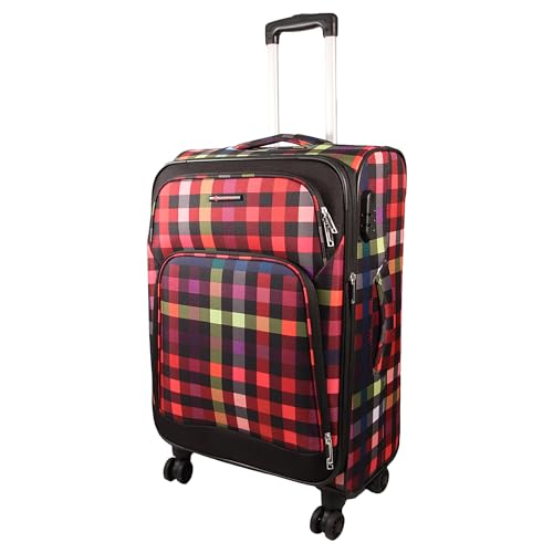 Franky Koffer T1-S Weichgepäck Trolley aus Polyester mit 360° Leichtlaufrollen, Reißverschlussfach und Front Taschen | 47cm x 79cm x 31/35cm (MULTICOLORCHECK, S-Handgepäck 55cm)