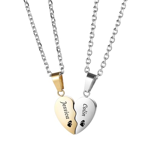 MMXX Personalisierte 2 Teilige Partnerketten Herzkette aus Edelstahl mit Gravur Name Datum Freundschaftskette mit Doppelherz für Freundin Freund BFF (A2)